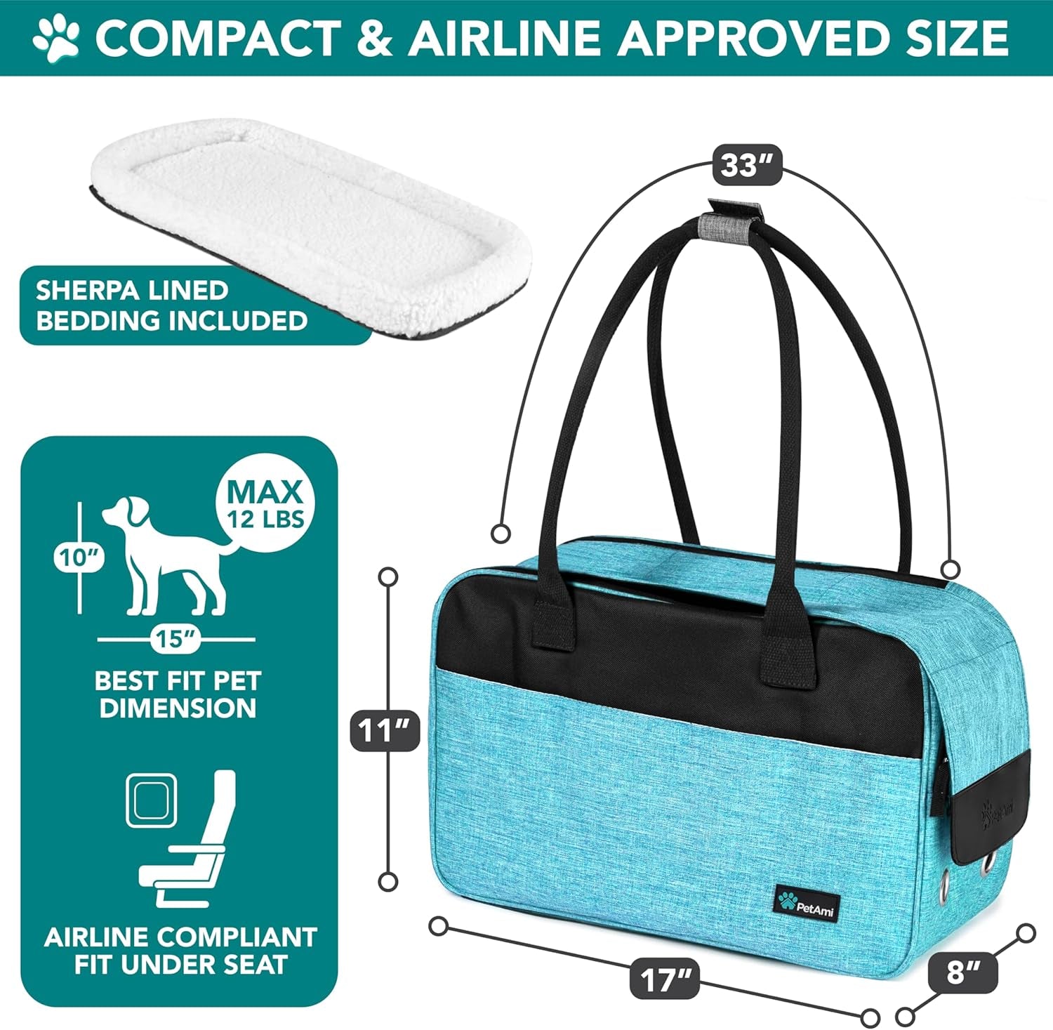 Soft-Sided Pet Carrier for Small Dogs and Cats, TSA Approved Travel Tote Bag with Ventilation, Pockets, Bed, and Shoulder Strap, Maximum Weight 12 lbs, Turquoise