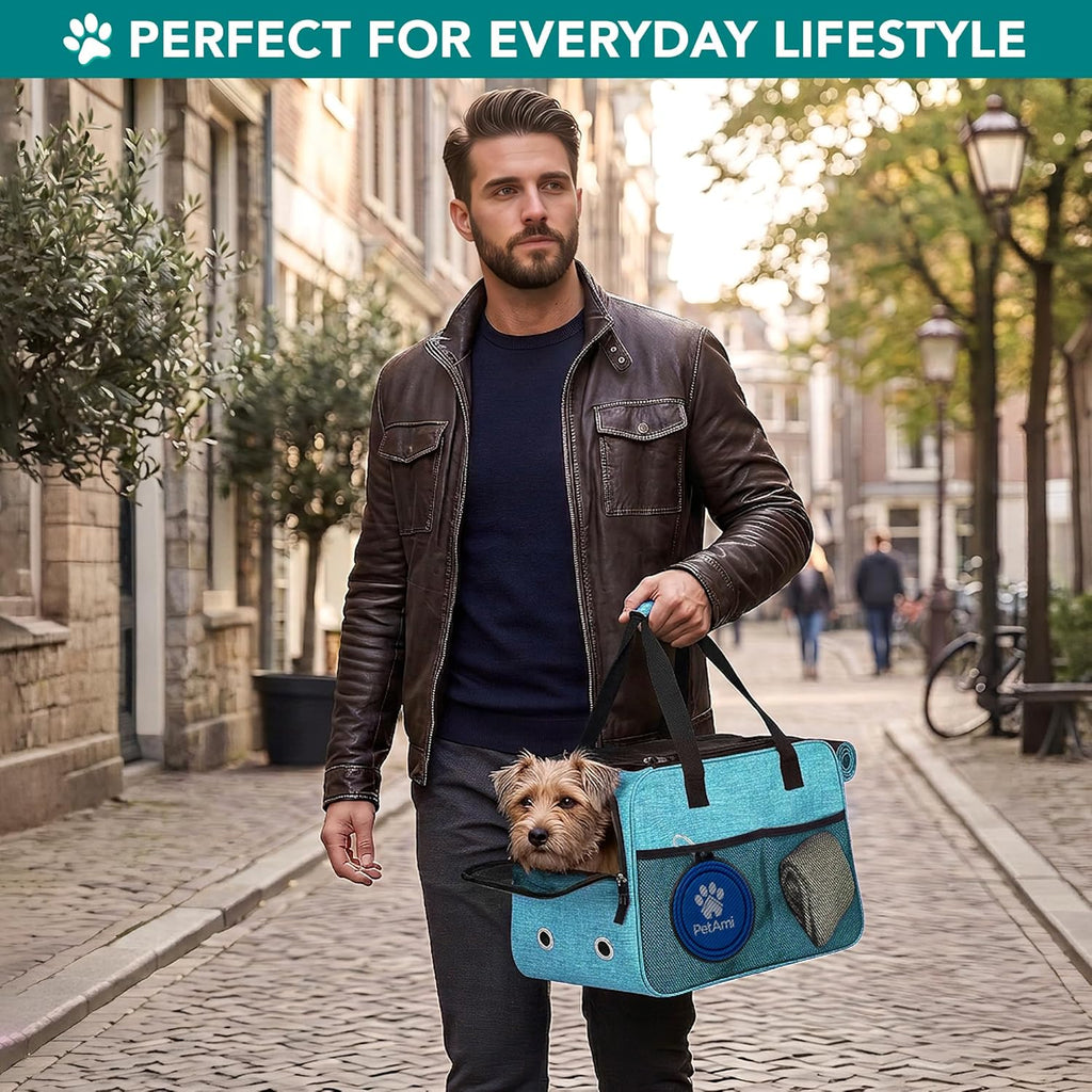 Soft-Sided Pet Carrier for Small Dogs and Cats, TSA Approved Travel Tote Bag with Ventilation, Pockets, Bed, and Shoulder Strap, Maximum Weight 12 lbs, Turquoise
