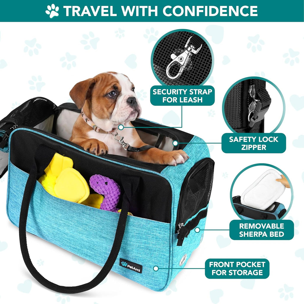 Soft-Sided Pet Carrier for Small Dogs and Cats, TSA Approved Travel Tote Bag with Ventilation, Pockets, Bed, and Shoulder Strap, Maximum Weight 12 lbs, Turquoise