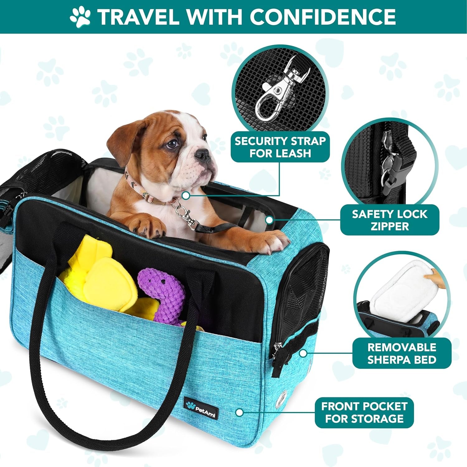 Soft-Sided Pet Carrier for Small Dogs and Cats, TSA Approved Travel Tote Bag with Ventilation, Pockets, Bed, and Shoulder Strap, Maximum Weight 12 lbs, Turquoise
