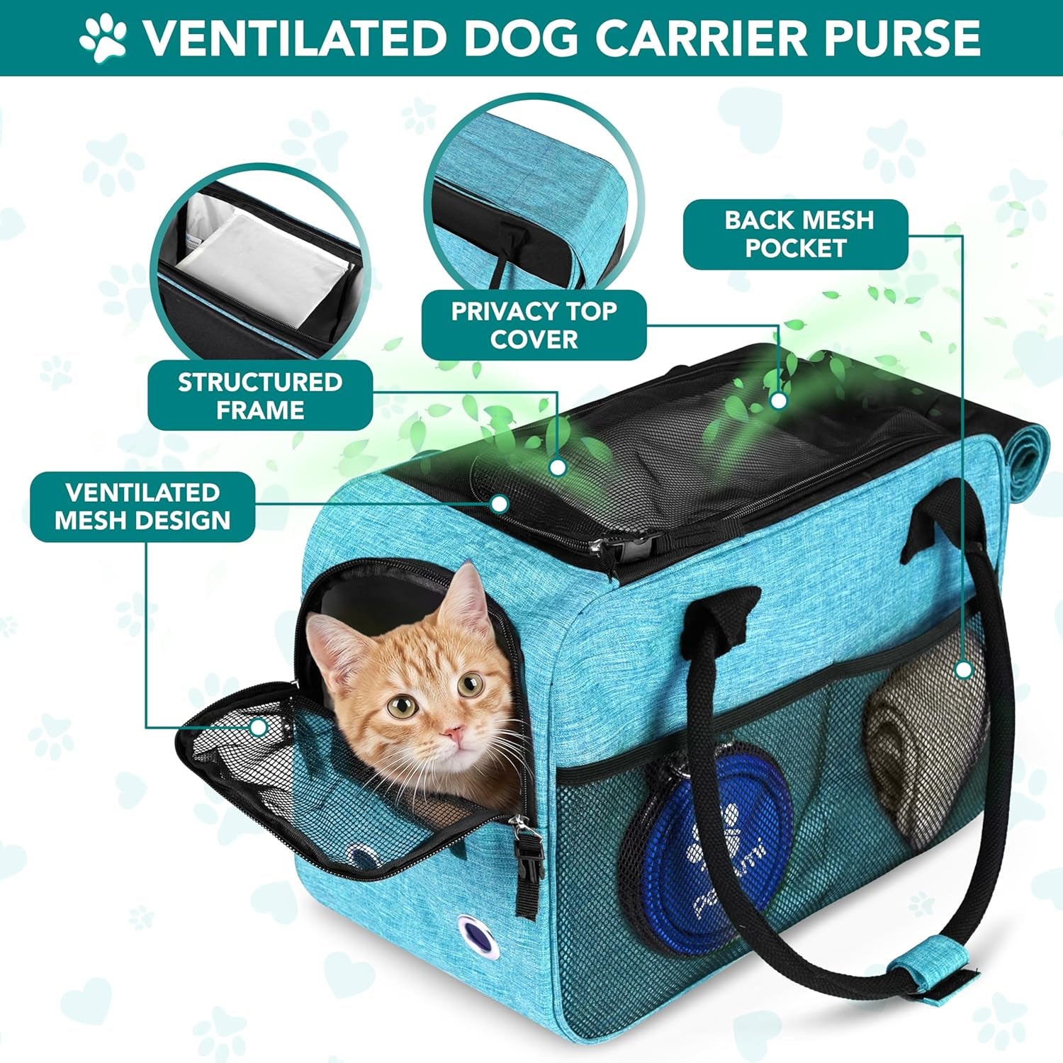 Soft-Sided Pet Carrier for Small Dogs and Cats, TSA Approved Travel Tote Bag with Ventilation, Pockets, Bed, and Shoulder Strap, Maximum Weight 12 lbs, Turquoise