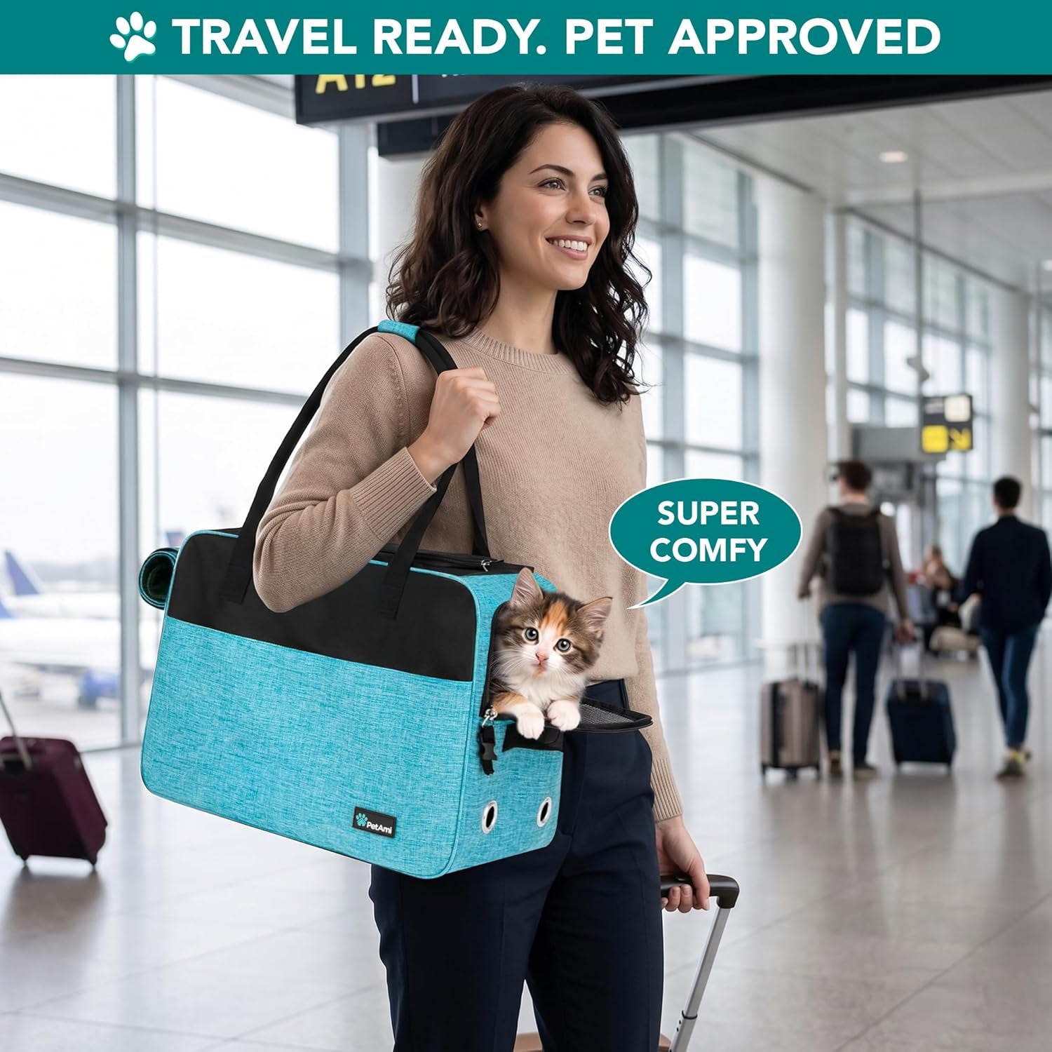 Soft-Sided Pet Carrier for Small Dogs and Cats, TSA Approved Travel Tote Bag with Ventilation, Pockets, Bed, and Shoulder Strap, Maximum Weight 12 lbs, Turquoise